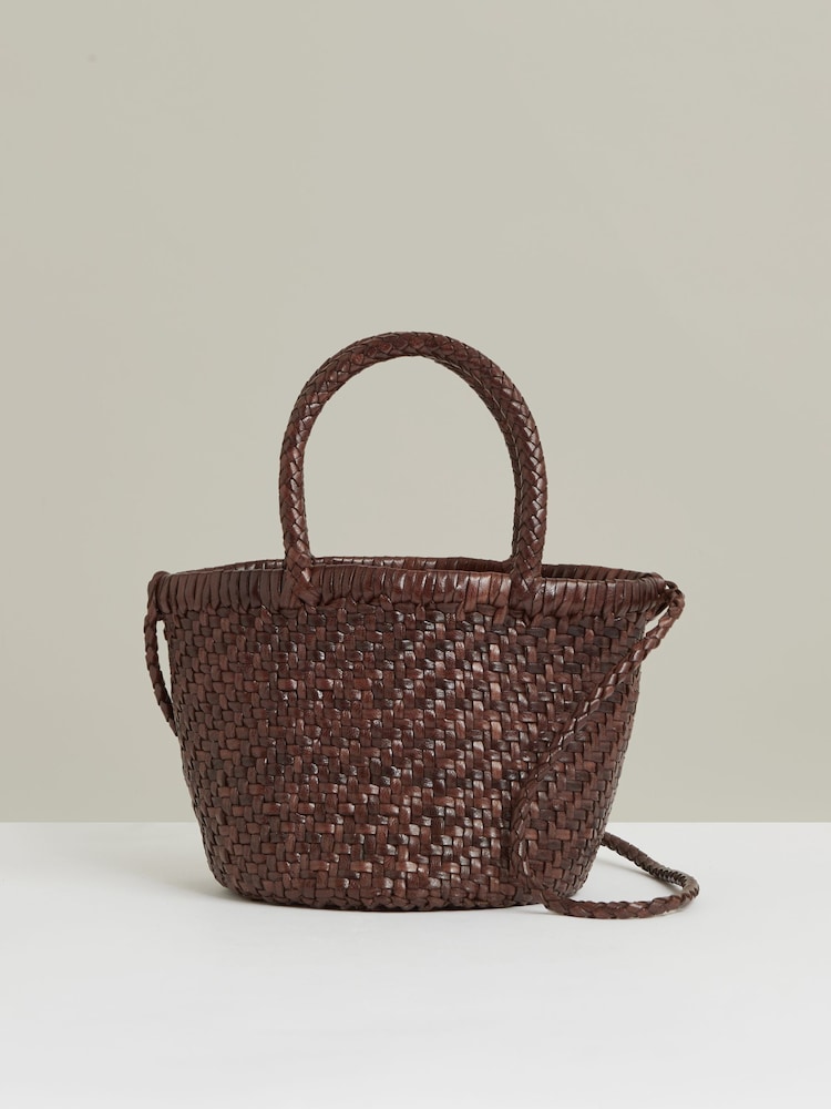 Reiss Chocolate Nia Leather Woven Mini Tote Bag - Image 1 of 5