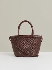 Reiss Chocolate Nia Leather Woven Mini Tote Bag - Image 4 of 5
