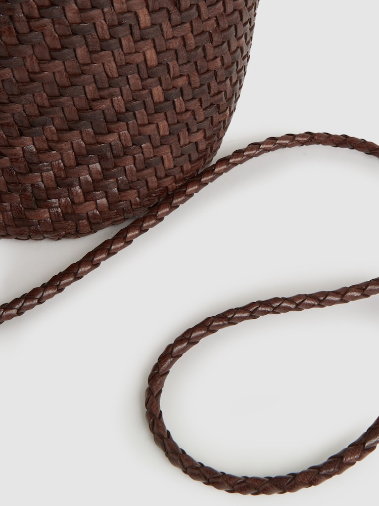 Reiss Chocolate Nia Leather Woven Mini Tote Bag - Image 5 of 5