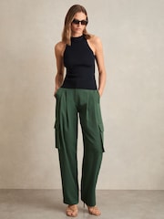 Reiss Green Orla Wide-Leg Pleated Cargo Trousers - Image 1 of 6