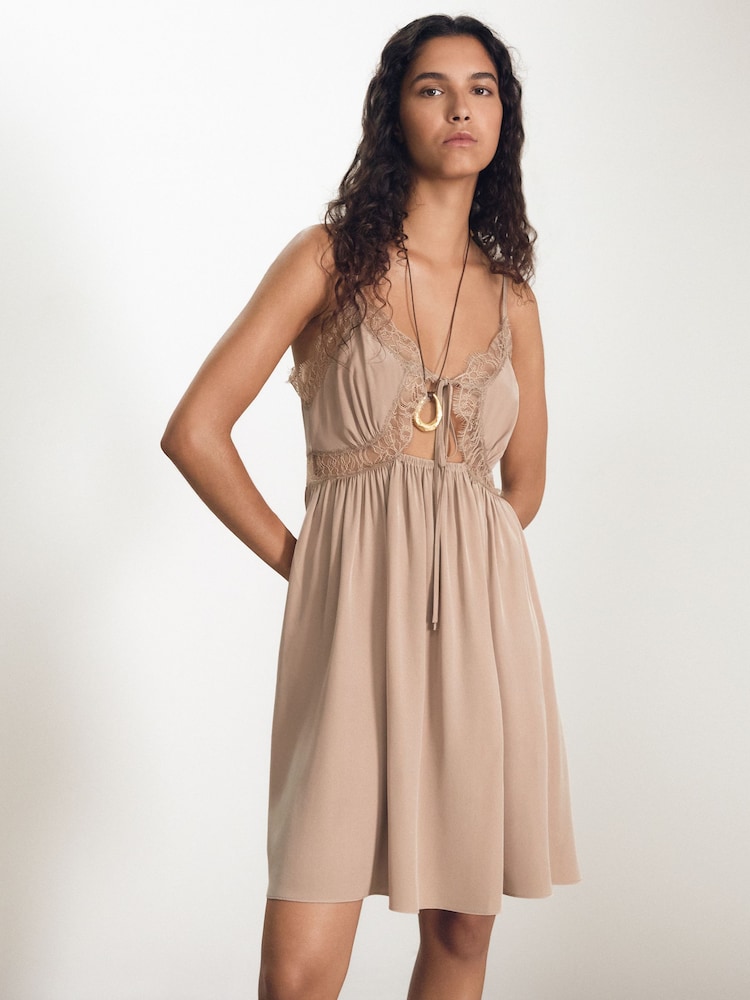 Reiss Taupe Estella Atelier Silk Lace-Trim Babydoll Dress - Image 1 of 6