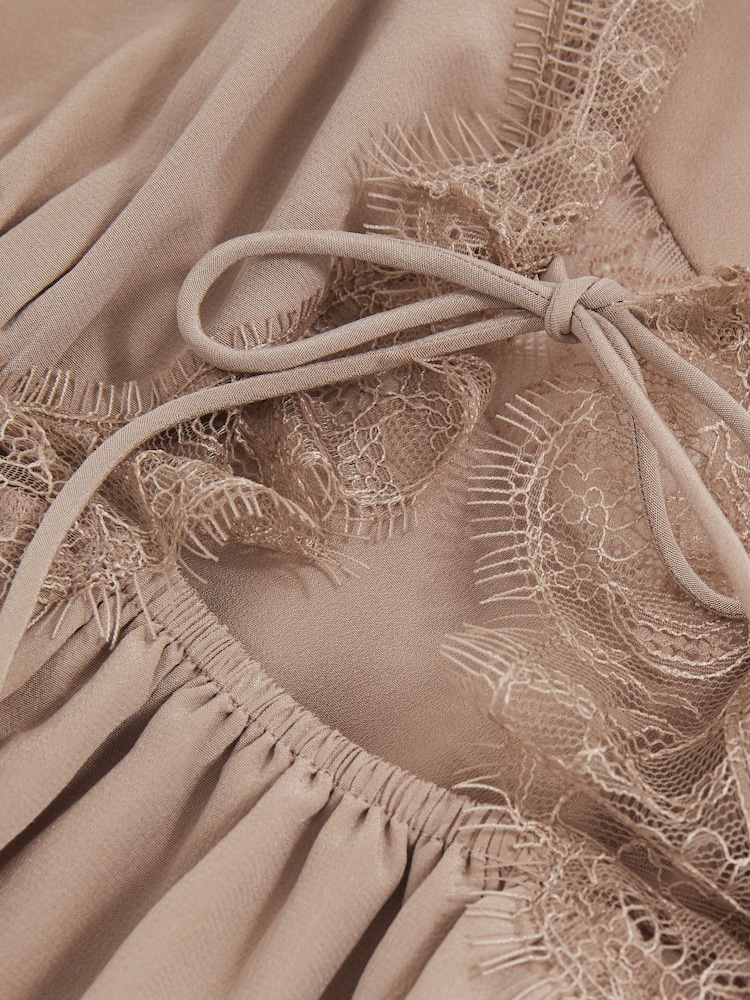 Reiss Taupe Estella Atelier Silk Lace-Trim Babydoll Dress - Image 6 of 6