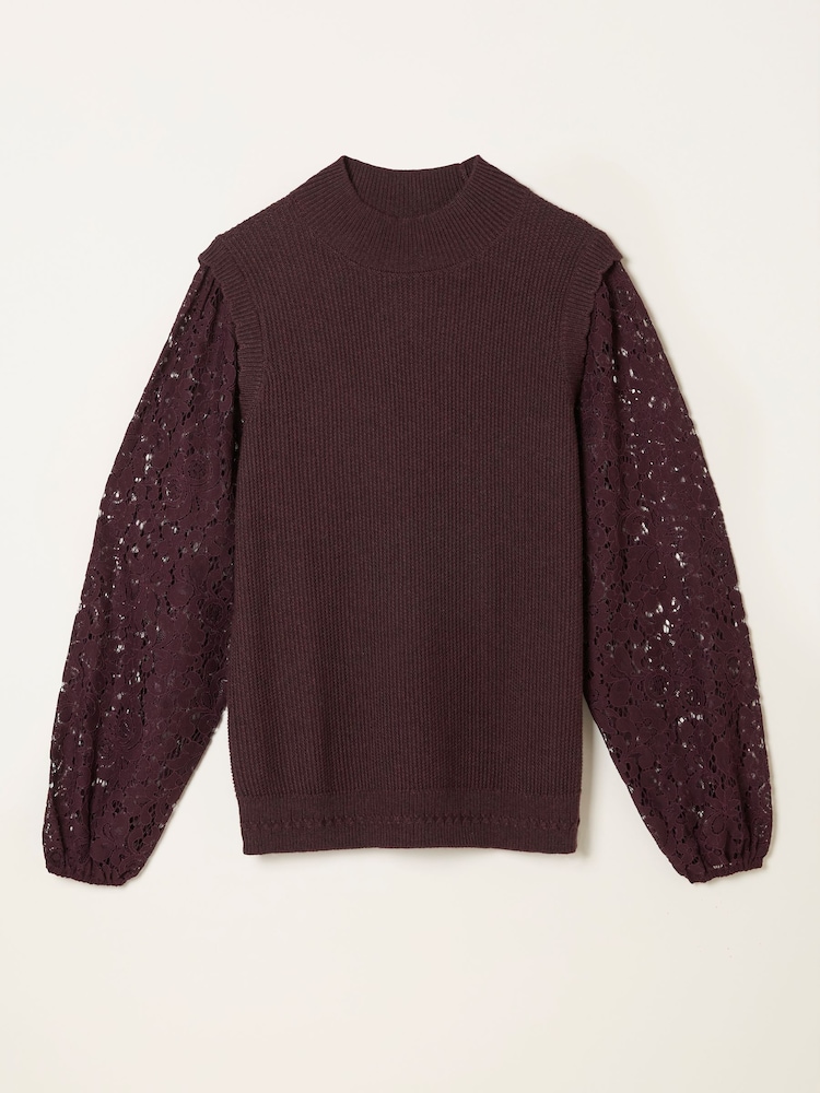FatFace Paige Dark Purple Lace Knitted 2 in 1 Top - Image 6 of 6 FatFace Paige Dark Purple Lace Knitted 2 in 1 Top - Image 6 of 6