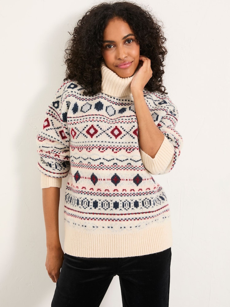 FatFace Reece Ivory Knitted Roll Neck Fairisle Jumper - Image 1 of 5 FatFace Reece Ivory Knitted Roll Neck Fairisle Jumper - Image 1 of 5