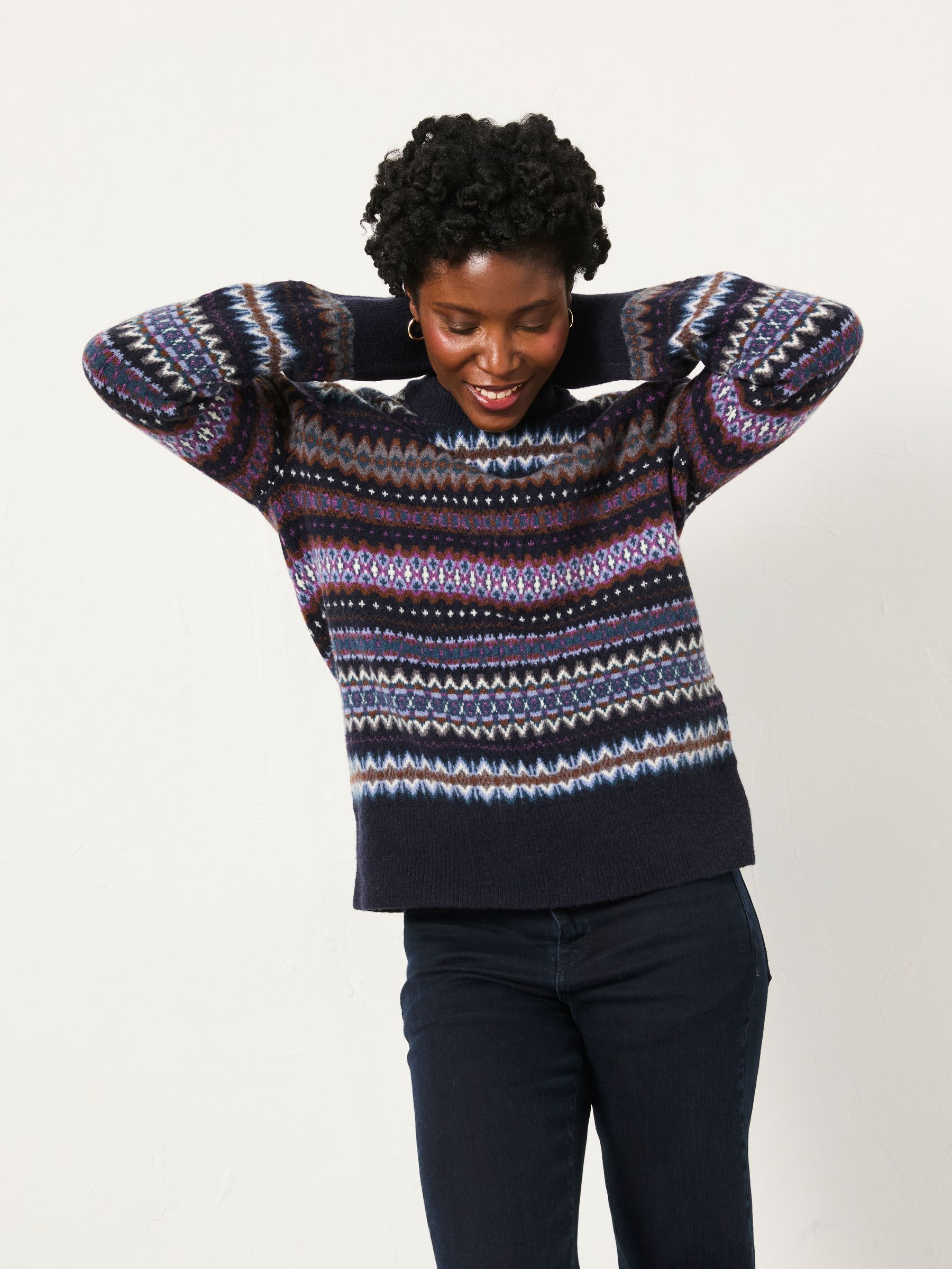 Fat Face Women's Crew Neck Jumper Navy Fairisle Knit
