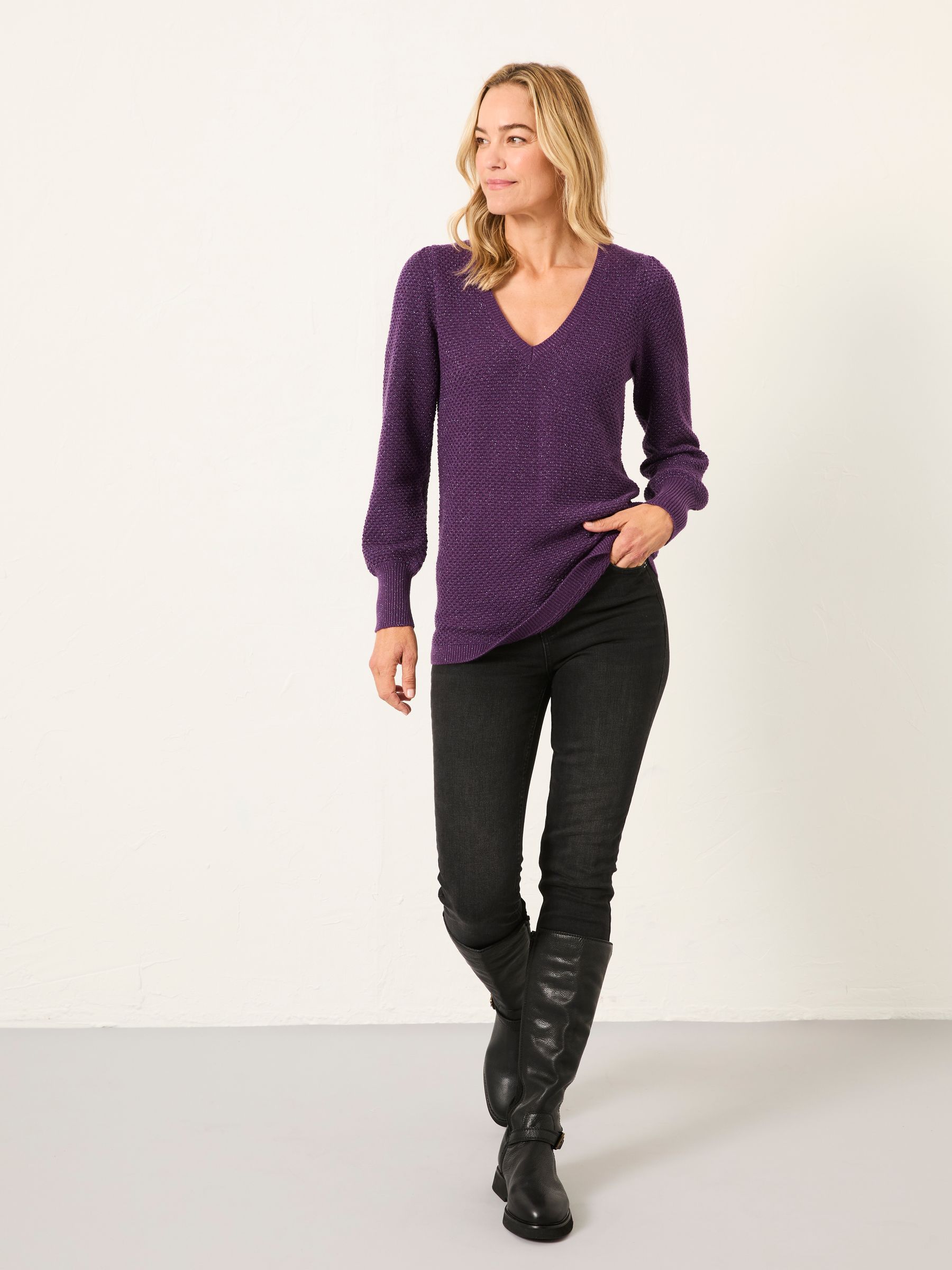 Buy FatFace Lara Dark Purple Sparkle Knitted V- Neck Tunic Jumper