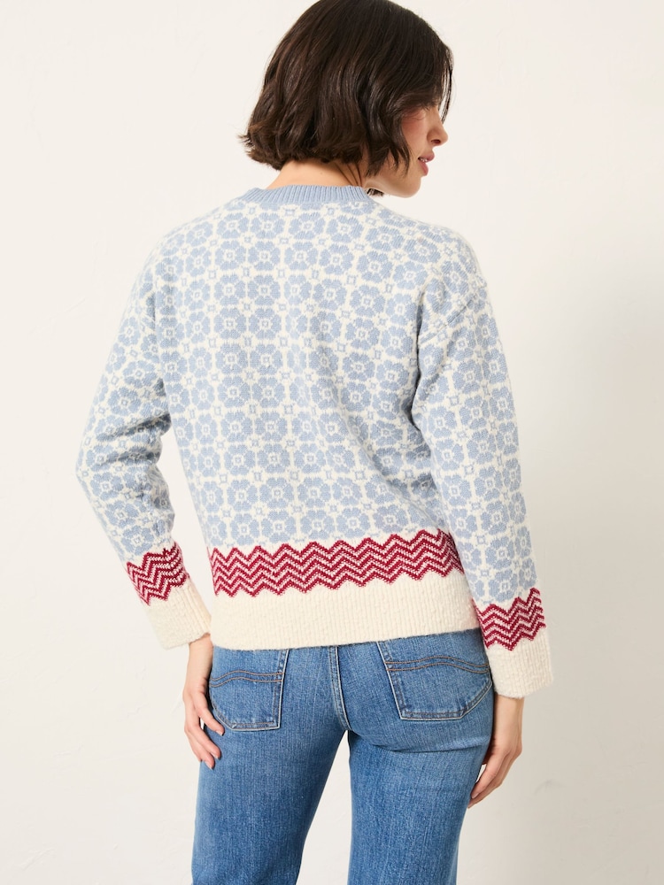 FatFace Chalet Pale Blue Knitted Fairisle Crew Jumper - Image 2 of 6 FatFace Chalet Pale Blue Knitted Fairisle Crew Jumper - Image 2 of 6