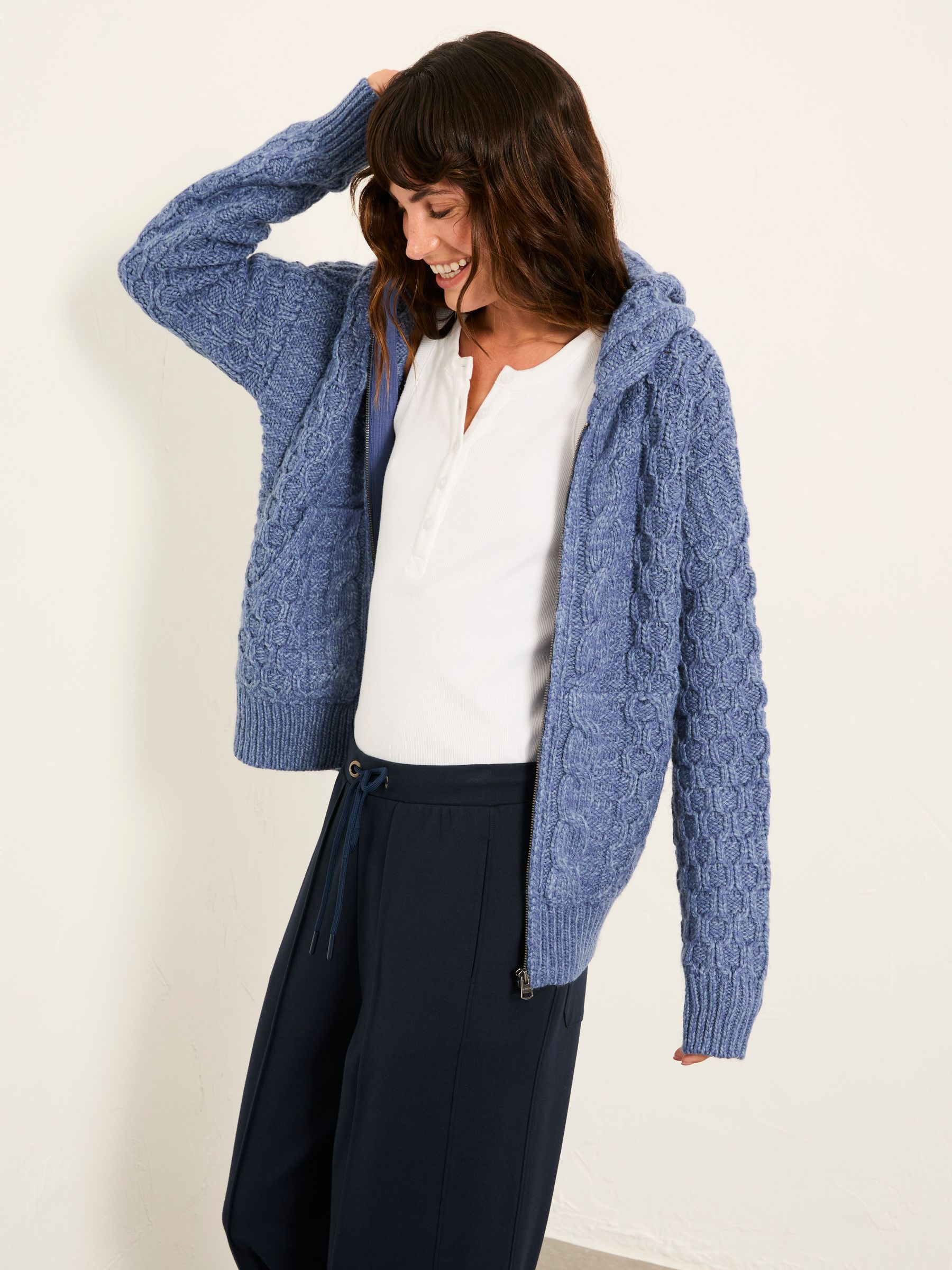 Fatface Casey Blue Knitted Cable Hoodie
