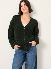 FatFace Blanche Green Sparkle Oversized Knitted Cardigan - Image 1 of 5