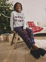 Grey/Navy/Red Check Happy Holidays Family Christmas Single Woven Pyjamas (5-16yrs) - Image 1 of 8