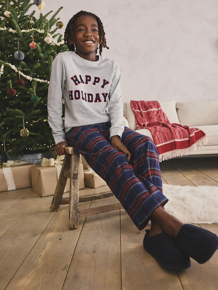 Grey/Navy/Red Check Happy Holidays Family Christmas Single Woven Pyjamas (5-16yrs) - Image 1 of 8