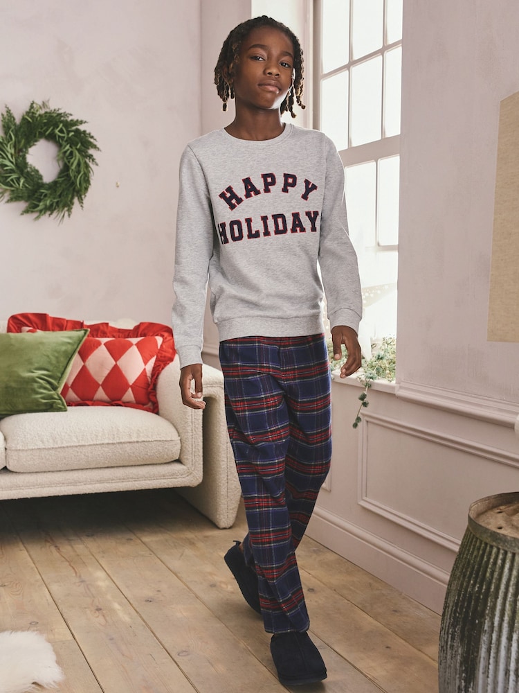 Grey/Navy/Red Check Happy Holidays Family Christmas Single Woven Pyjamas (5-16yrs) - Image 2 of 8