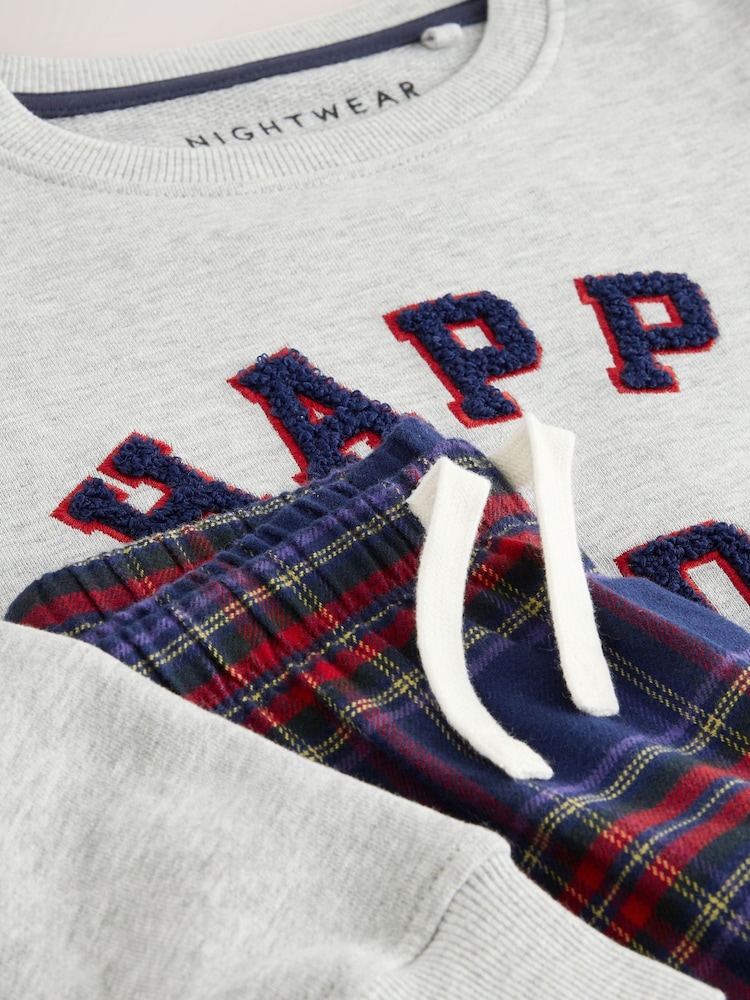Grey/Navy/Red Check Happy Holidays Family Christmas Single Woven Pyjamas (5-16yrs) - Image 8 of 8