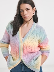 Simply Be Pink Pointelle Knit Rainbow Cardigan - Image 1 of 4