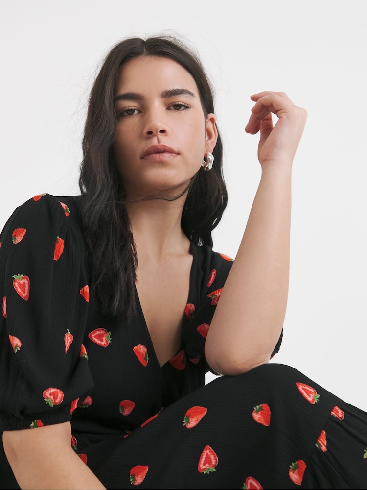 strawberry print midi dress Long Maria Dress