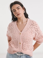 Simply Be Pink Cream Pointelle Knitted Cardigan - Image 1 of 4