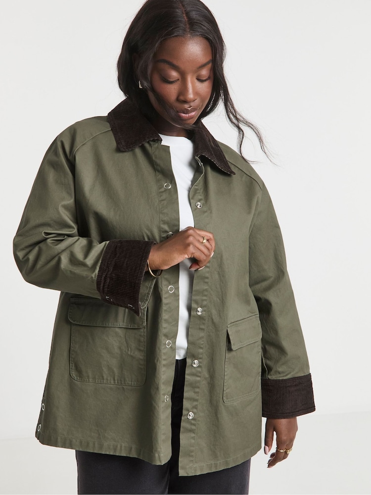 Simply Be Green Waxed Cord Collar Jacket - Image 1 of 4