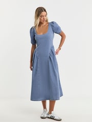 Simply Be Blue Bow Back Puff Sleeve Denim Dress - Image 1 of 4