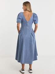Simply Be Blue Bow Back Puff Sleeve Denim Dress - Image 2 of 4