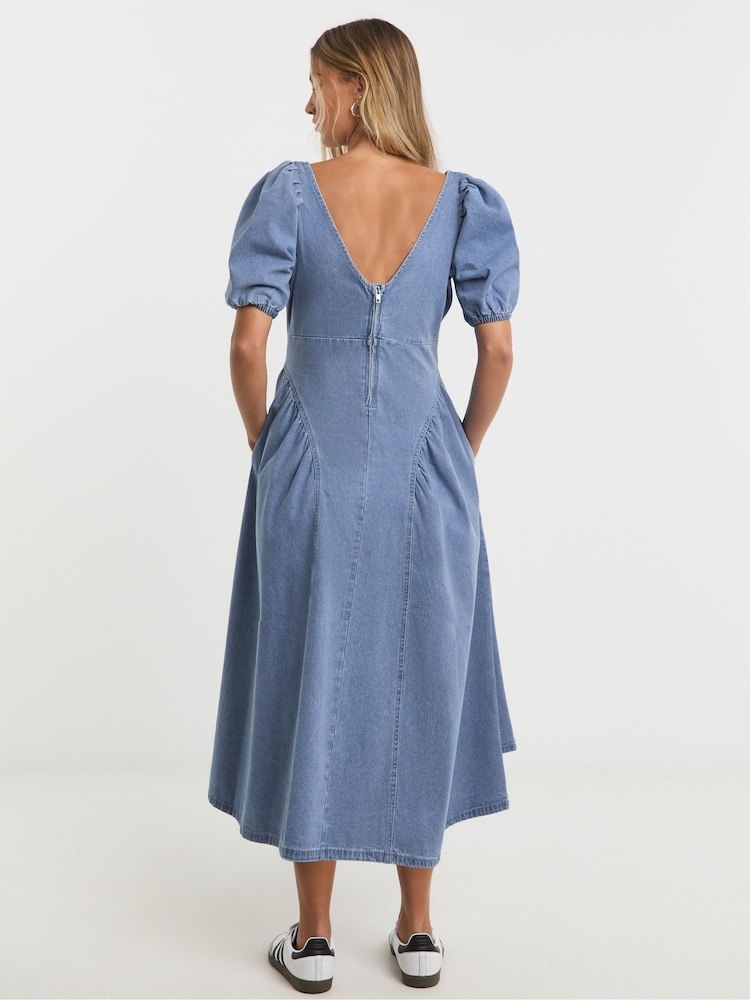 Simply Be Blue Bow Back Puff Sleeve Denim Dress - Image 2 of 4