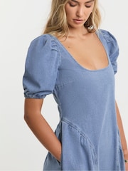 Simply Be Blue Bow Back Puff Sleeve Denim Dress - Image 3 of 4