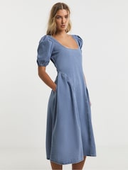 Simply Be Blue Bow Back Puff Sleeve Denim Dress - Image 4 of 4
