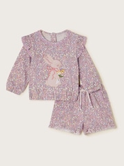Monsoon Purple Bunny Appliqué Floral Print Sweatshirt and Shorts 100% Cotton Set - Image 1 of 3