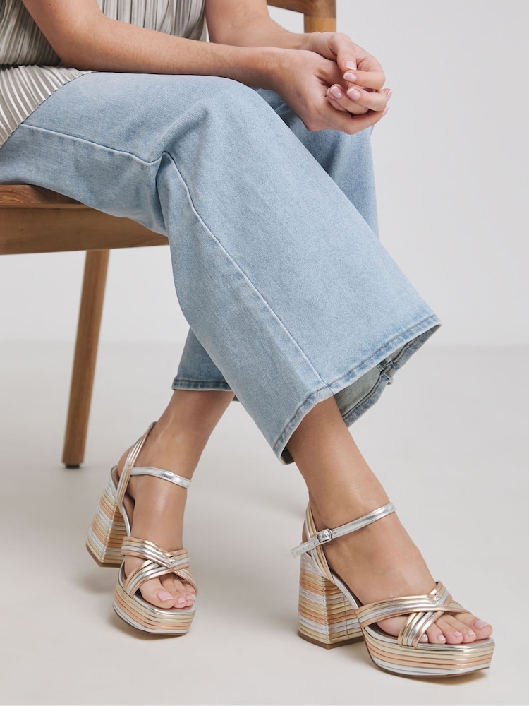 Simply Be Gold Extra Wide Fit Wide Fit Multi Strap Platform Heels - Image 1 of 4