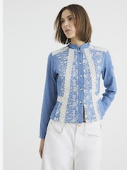 River Island Blue Embroidered Lace Cotton Shirt - Image 1 of 4