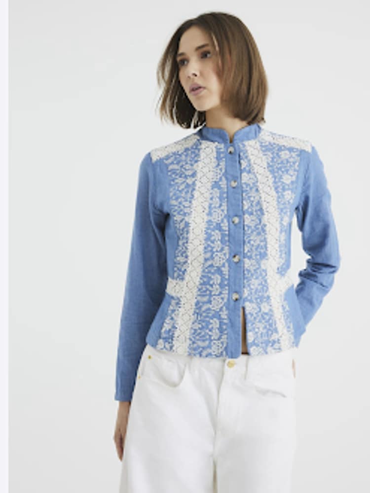 River Island Blue Embroidered Lace Cotton Shirt - Image 1 of 4
