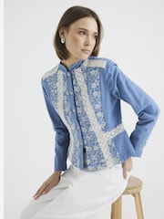 River Island Blue Embroidered Lace Cotton Shirt - Image 2 of 4
