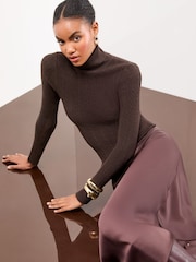 Lipsy Chocolate Brown Knitted Roll Neck Jumper - Image 3 of 5
