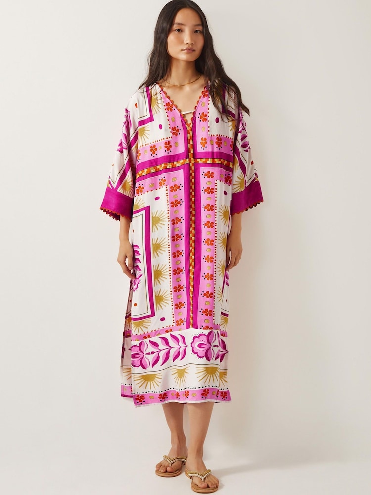 Monsoon Pink Tina Summer Floral Print Maxi Kaftan Dress - Image 1 of 5