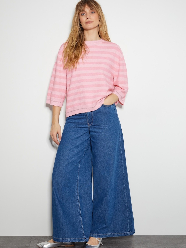 Monsoon Pink Sammi Stripe Crop Sleeve Jumper - Image 2 of 5