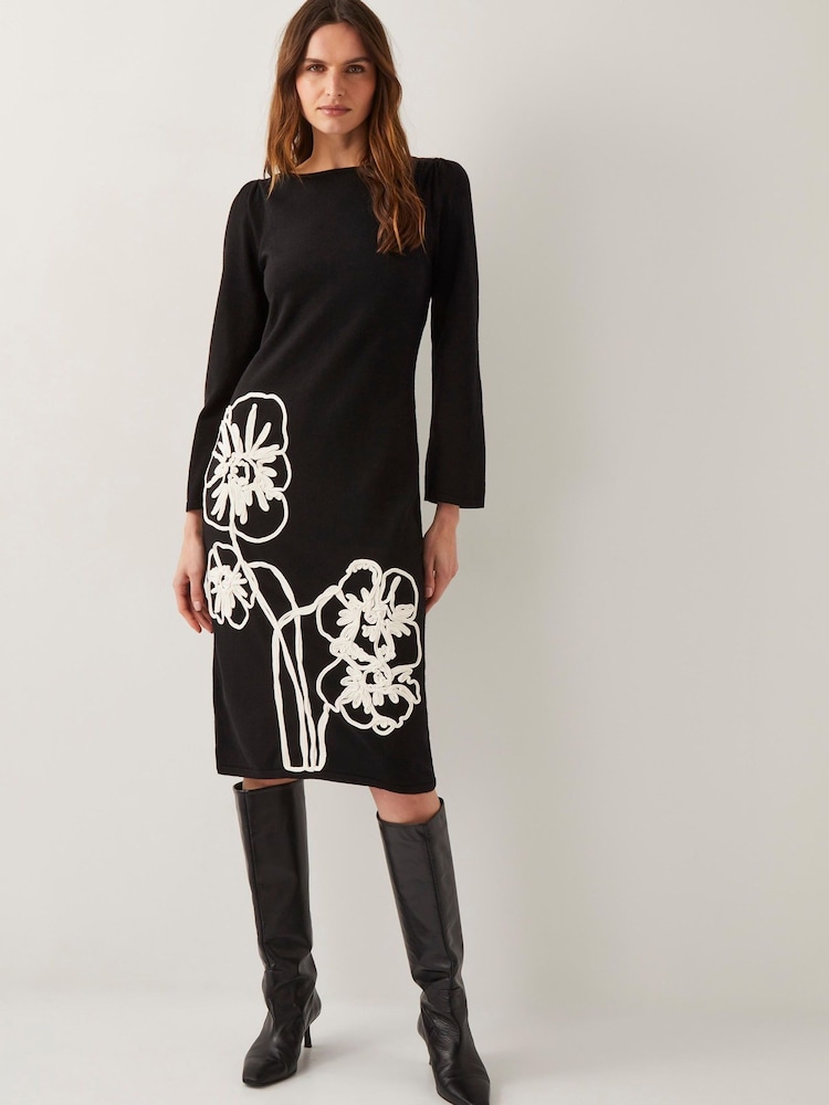 Monsoon Black Cee Cornelli Embroidered Knit Dress - Image 1 of 5