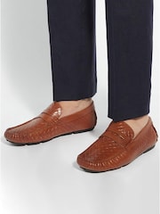 Dune London Brown Bradlay Woven Saddle Driver Loafers - Image 1 of 6