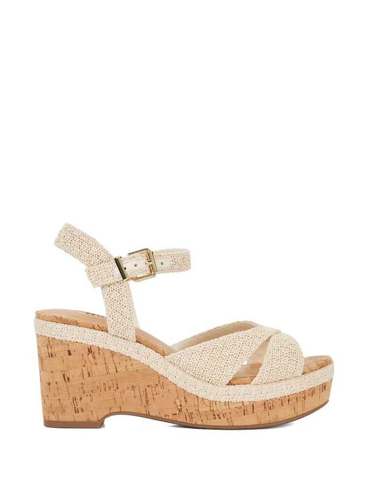 Dune London Cream Wide Fit Kelulu Cork Cross Wrap Wedge Sandals - Image 2 of 6