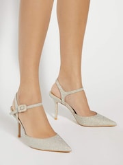 Dune London Glitter Gold Wide Fit Channel Y Back Open Court Heels - Image 1 of 6