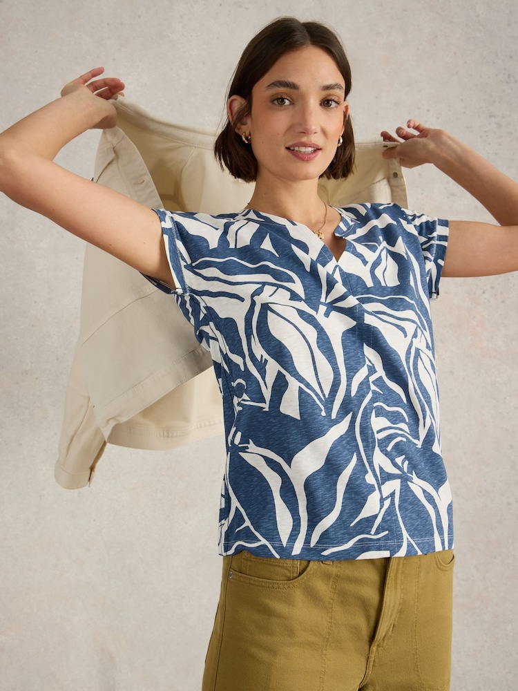 White Stuff Blue Nelly Notch Neck 100% Cotton T-Shirt - Image 1 of 6