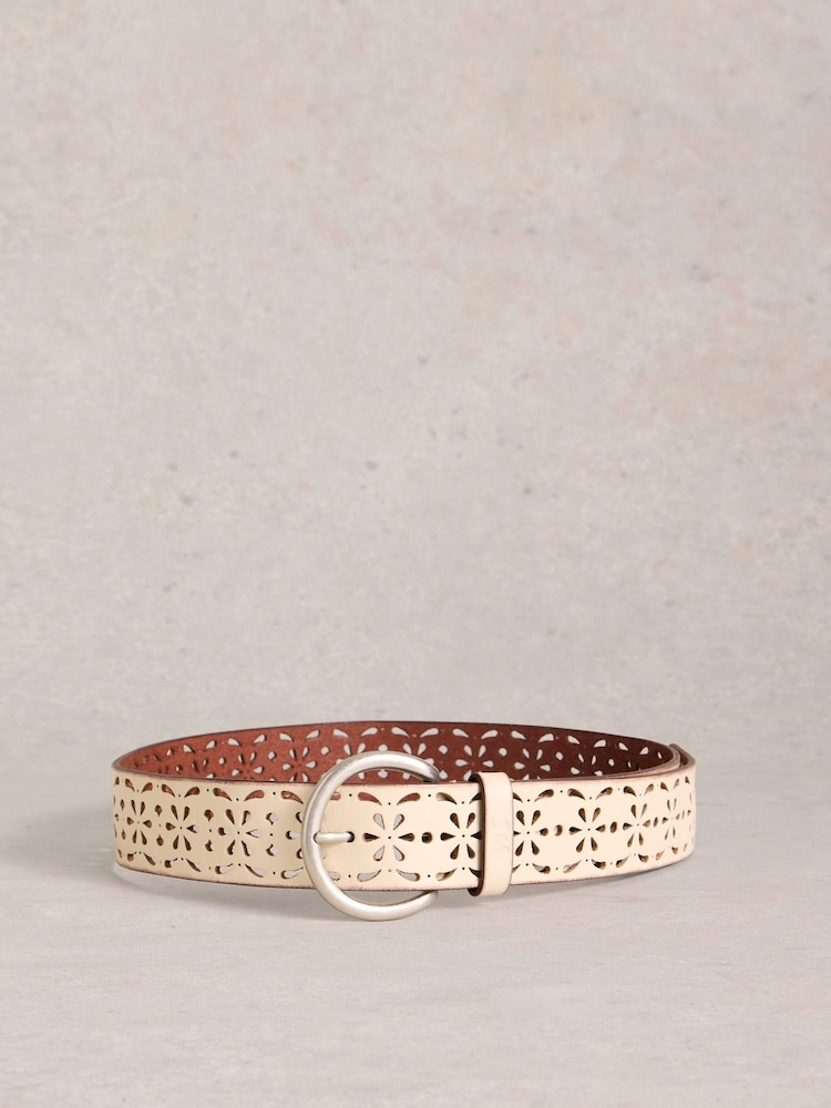 White Stuff White Punch Out Floral Print Belt - Image 1 of 3