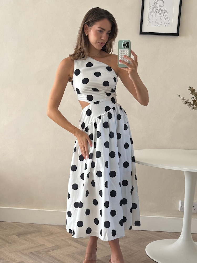 Style Cheat White Polka Dot Jasmine One Shoulder Printed Midi Dress - Image 1 of 4 Style Cheat White Polka Dot Jasmine One Shoulder Printed Midi Dress - Image 1 of 4