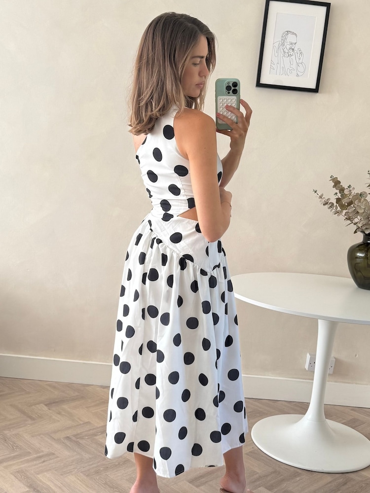 Style Cheat White Polka Dot Jasmine One Shoulder Printed Midi Dress - Image 2 of 4 Style Cheat White Polka Dot Jasmine One Shoulder Printed Midi Dress - Image 2 of 4