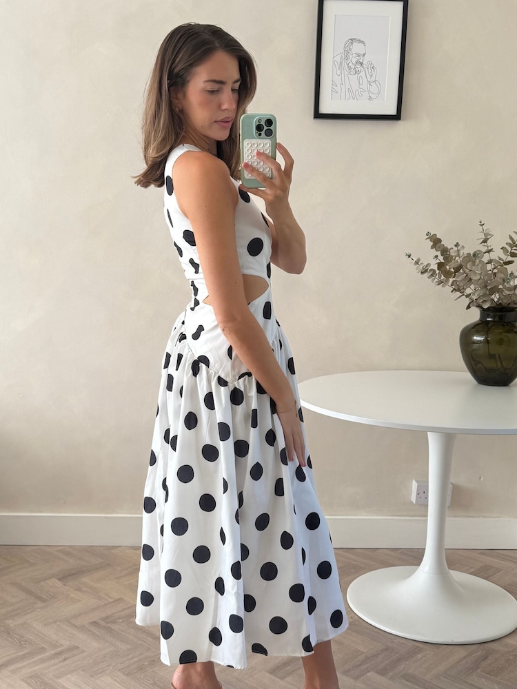 Style Cheat White Polka Dot One Shoulder Printed Jasmine Midi Dress - Image 3 of 4