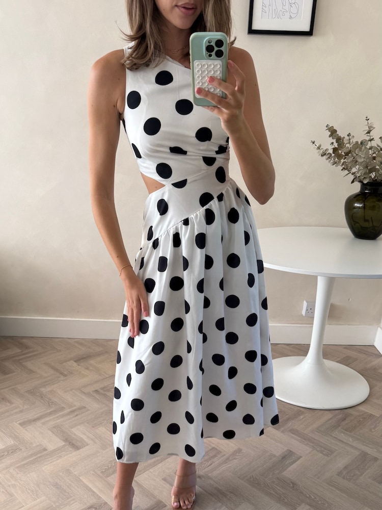 Style Cheat White Polka Dot Jasmine One Shoulder Printed Midi Dress - Image 4 of 4 Style Cheat White Polka Dot Jasmine One Shoulder Printed Midi Dress - Image 4 of 4
