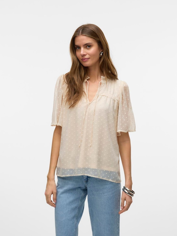 VERO MODA Cream Short Sleeve Dobby Blouse - Image 1 of 4