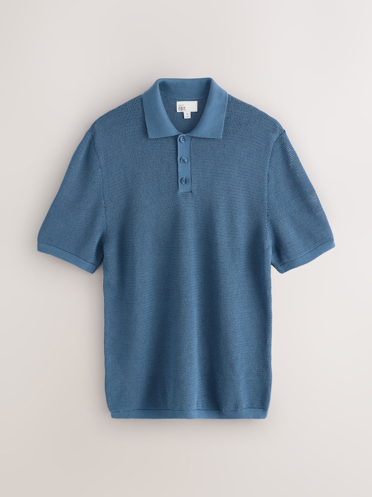 Blue Regular Fit EDIT Short Sleeve Open Knit Polo Shirt - Image 1 of 3 Blue Regular Fit EDIT Short Sleeve Open Knit Polo Shirt - Image 1 of 3