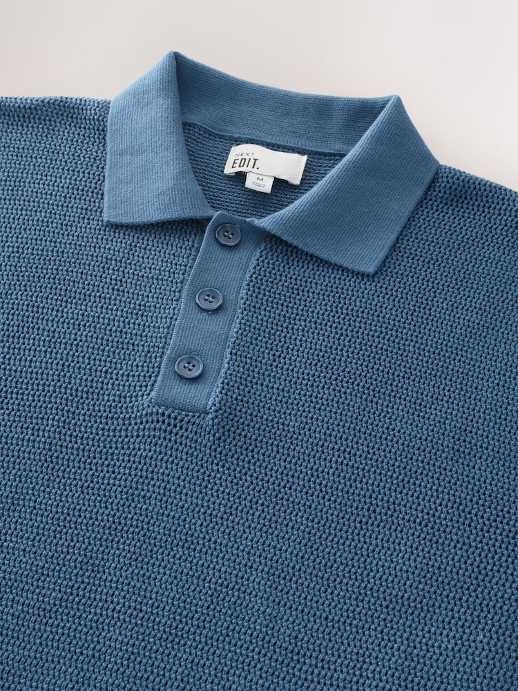 Blue Regular Fit EDIT Short Sleeve Open Knit Polo Shirt - Image 2 of 3 Blue Regular Fit EDIT Short Sleeve Open Knit Polo Shirt - Image 2 of 3
