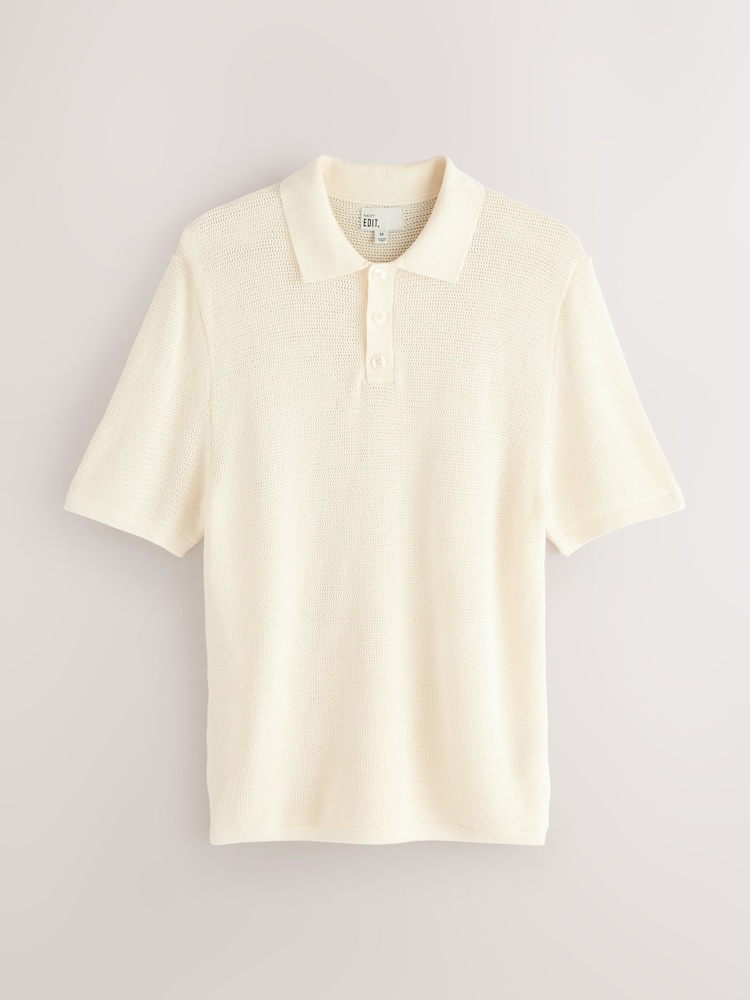 Ecru White Regular Fit EDIT Short Sleeve Open Knit Polo Shirt - Image 1 of 3