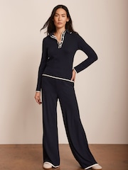 Mint Velvet Blue Ribbed Contrast Trim Wide Trousers - Image 1 of 7