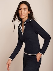 Mint Velvet Blue Ribbed Contrast Trim Wide Trousers - Image 3 of 7